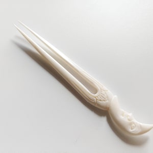Bone hair stick 2 Prong , carved half moon bone hair fork
