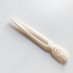 Bone hair stick 2 Prong , carved hand palm kaoru bone hair fork