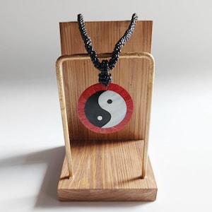 Jumbo round yinyang seashell necklace - Red coral , black and white mother of pearl pendant in black beaded cord
