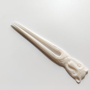 Bone hair stick 2 Prong , carved panther bone hair fork