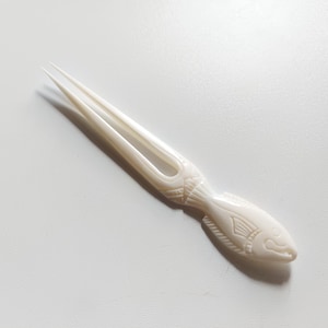 Bone hair stick 2 Prong , carved fish bone hair fork