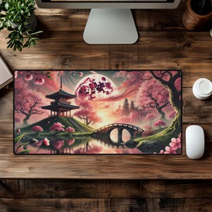 Japanische Kirschblüte Schreibtischmatte - Großes Gaming-Mauspad mit Pagoden-Design, rutschfester Unterseite, Büro-Schreibtischzubehör, Sakura-Dekor