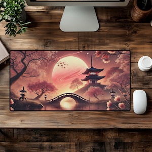 Japanische Kirschblüten Schreibtischmatte - Pink Sakura Gaming Pad mit Pagode & Brücke - Großes rutschfestes Schreibtischzubehör für Office und Gaming