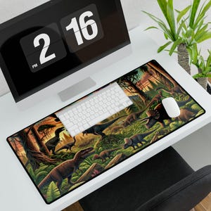 Large Dinosaur Desk Mat - T-Rex & Triceratops Gaming Mouse Pad - Prehistoric Jurassic Scene - Non-Slip, Smooth Surface, Anti-Fray Edges