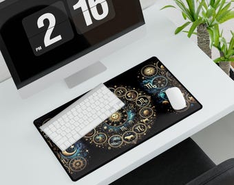 Large Zodiac Desk Mat - Astrology Mouse Pad with Sun, Moon & Stars - Celestial Non-Slip Gaming Pad, Smooth Surface, Anti-Fray Edges