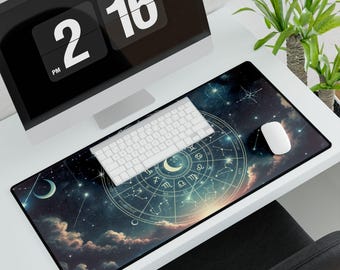 Tapis de bureau Zodiaque céleste - Grand sous-main d'astrologie avec phases de la lune et constellations - Tapis de bureau antidérapant pour le bureau et les jeux