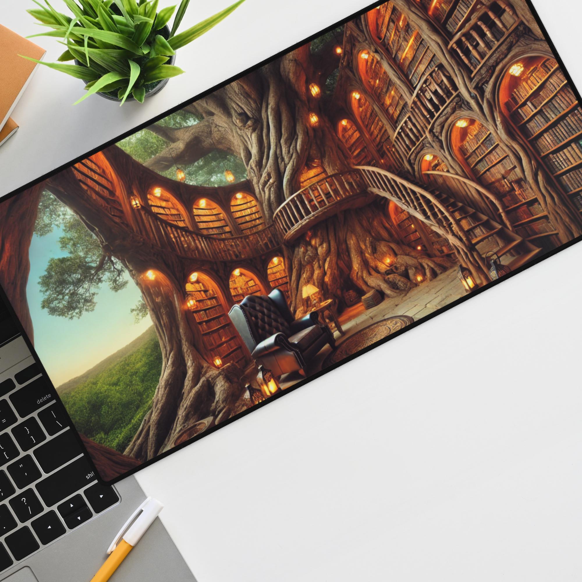 Fanatsy Desk Fantasy Library Desk Mat - Magical Treehouse Bookshelf Design - Large ...
