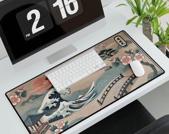 Bureaumat in Japanse stijl - Mount Fuji en Great Wave met kersenbloesems Koi-brug en zen-ontwerp - bureauonderlegger voor kantoor, gaming en interieur