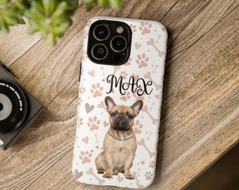 May include: White phone case with a brown French bulldog, paw prints, and bones. The name "MAX" is printed on the case.