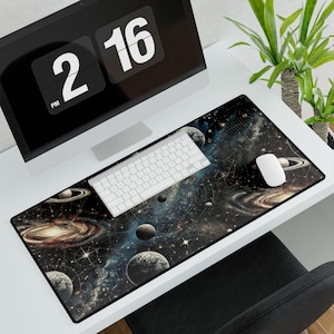 Large Galaxy Desk Mat - Space-Themed Gaming Mouse Pad with Planets & Stars - Non-Slip Base, Smooth Surface, Anti-Fray Edges for Office Setup