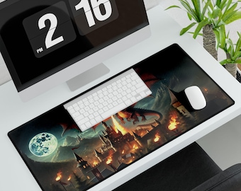 Dragon Castle Desk Mat | Fantasy Gaming Mouse Pad | Fire-Breathing Dragon Art | Non-Slip Large Desk Mat for Gamers & Fantasy Lovers