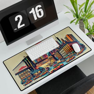 New York City Skyline Schreibtischmatte -große Schreibtischunterlage mit Freiheitsstatue,Brooklyn Bridge und NYC Taxis-Anti-Rutsch Schreibtischmatte für Büro und Gaming