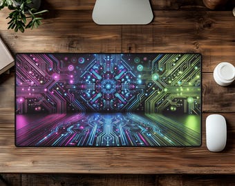 Cyberpunk Circuit Desk Mat - Futuristic Neon Tech Design | Large Non-Slip Mouse Pad for Gaming, Office, Unique & Immersive Workspace Decor