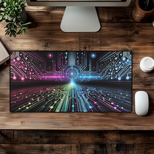 Large Cyberpunk Mouse Pad - Enhance Your Gaming and Office Setup with Neon Tech Vibes - Futuristic Neon Tech Grid Design