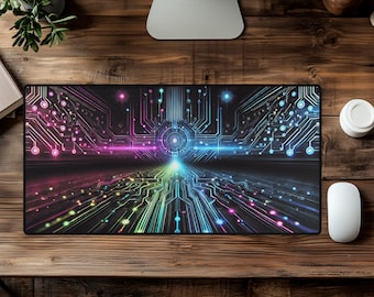 Grand tapis de souris cyberpunk - Améliorez la configuration de votre jeu et de votre bureau avec Neon Tech Vibes - Design futuriste en grille Neon Tech