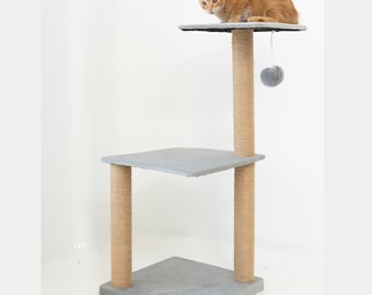 Modern Minimalist Two Tier Cat Tree, Wood Cat Condo, Practical Cat Tree With Velboa Covered Platform, Comfy Cat Platform, Short Cat Tree