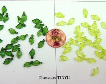 TINY Leaf Charms w/ Top Loop ~Transparent Green Acrylic Leaves Drops Charms  50 to 1,000 Light Dark Itty Bitty 9mm x 5mm  (.35" x .196")