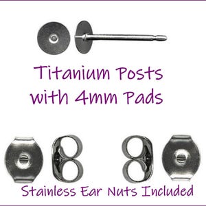 Titanium Earring Posts with 4mm Pads (stainless ) Hypo Allergenic with Ear Nuts ~  Tiny Pads ~ 12 ~ 24 ~ 48 ~ 100  Quality Implant Grade