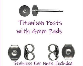 Pendientes de titanio con almohadillas de 4 mm (acero inoxidable). Hipoalergénicos. Con tuercas para la oreja. Almohadillas pequeñas. Cantidad: 12, 24, 48, 100. Calidad de implante.