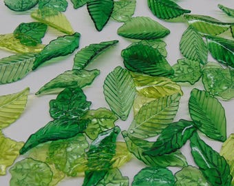 80 Medium Green Leaves ~ Transparent Acrylic Spring + Summer  Leaf Colors ~  Charms Drops ~ Focal Pendant Mix ~ 3 Shapes + 3 Shades of Green