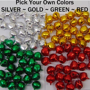 RED Green GOLD Silver  Jingle Bells   Pick your Mix 12mm  ~ 4 Colors Drops Beads Charms Top Loop ~ Lightweight Aluminum