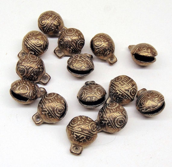 Solid Brass Bells 12 pieces  ~ Heavy duty  24mm H x 20mm W ( 1" x 3/4")   Great Sound ! Tibetan Style   Embossed Tiger Face