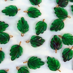 Emerald Green Glass Leaf Charms with Brass Loop ~ Small 11mm x 15mm (.43" x .55") Transparent Spring Summer Leaves Drops ~ Beads  ~50 or 100