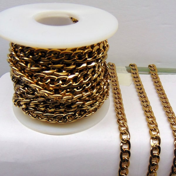 Stainless Steel Curb Chain ~ Hefty Cuban Link ~ Gold Plated  7mm x 10mm ~ Smooth + Sturdy ~ Bulk Lengths ~ Chain only ~ Electro Ion Plated