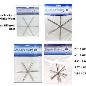 4 Packs SNOWFLAKE Ornament Wire Forms  BeadSmith Brand: 4 Sizes 9"  / 6"  / 4-1/2"  / 3-3/4"  Total 25 pieces Craft wire