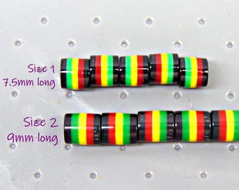 RASTA Beads  Two sizes ~ Green Red Black Yellow Striped Barrel Tube Shiny Smooth Resin  Qtys ~ 100 ~ 200 ~ 300 - 400 - 500  (7.8mm beads)