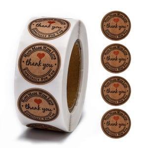 Hand Made with Love Adhesive Labels 1 inch Round  ~ Thank You  ~Pick Qty 50 ~ 100 ~ 500 For Gifts ~ Sales ~ Customer Appreciation