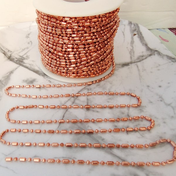 COPPER Ball CHAIN  2.4mm Ball + Bar / #3 size ~Bulk Lengths 5 feet, 10-ft, 25-ft, 50 or 100 Includes Connectors ~ Made in USA 99.97% Pure