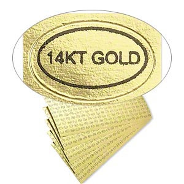 500 Peel Off Adhesive Labels Tags ~Marked "14KT GOLD"  Small size Oval 1/2" x 5/16" ~ Perfect for Jewelry + Metal Identification Gold Foil