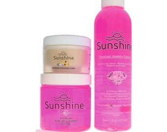 El kit limpiador y removedor de deslustre de joyas Sunshine Premium incluye crema, solución y cepillo. A base de plantas. Seguro para muchos metales y piedras.