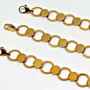 BRACELET BLANKS Forms ~ 9 Round PADS w/ Flat connecting Loop Gold Stainless Steel 7-3/4" Long Disk + Loop ~ Glue Beads Buttons or Cabochons