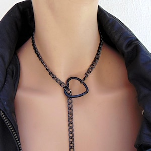 Black Heart Necklace ~ Sturdy Stainless Steel Curb Chain ~  Alternative Jewelry ~ Collar Chain ~ Free Gift Bag