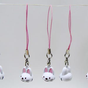 Two Rabbit Jingle Bells on 2" pink cell phone strap ~  White Bunny Cute pink ears  ~ Fun Gift ~ Zipper Pull ~ Purse Charm Lariat (removable)