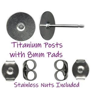 Titanium Earring Posts, Implant Grade,  with 8mm Stainless Steel Pads