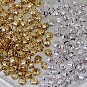 100 + Tiny Silver and Gold JINGLE BELLS 6mm ~ Miniature for Dolls ~ Christmas ~ Crafts ~ Anklet ~ Bracelet ~ Top loop to string