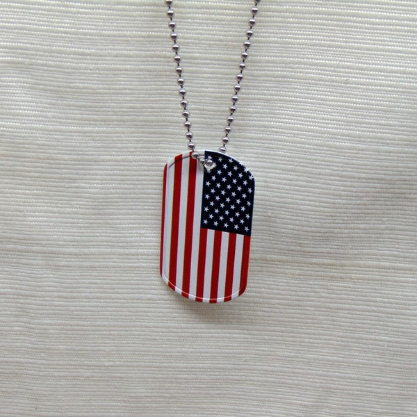 American Flag Military Dog Tag  with 30" Chain  ~ Full Color Stainless Tag + Lightweight Aluminum Chain ~ Buy 1, 3, 5,  or 10 ~ Made in USA