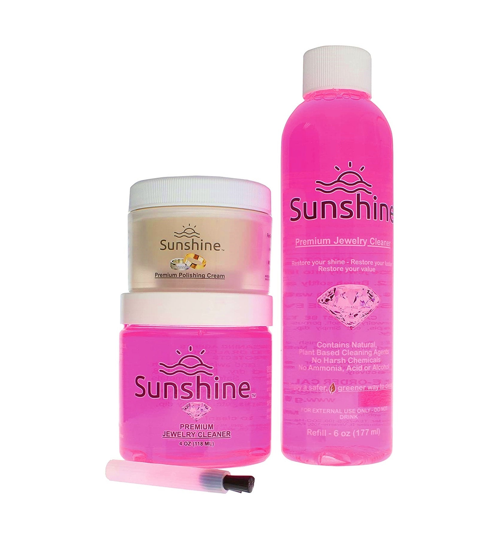 Sunshine Premium Jewelry Cleaner & Tarnish Remover Kit Includes Cream,  Solution, Brush Plant Based Safe for Many Metals Stones 