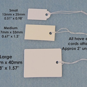 White Price Tags with Elastic String ~ Sturdy Blank Paper Tag to write on Three Sizes to pick from ~ Easy to use elastic cord Sm / Med / Lg