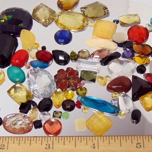 Mixed Lot Acrylic Flat Backs & Sew-on Gemstones Jewels Rhinestones 4 oz to 5 pounds Random mix colors shapes 4mm - 30mm Cabochons Flatbacks