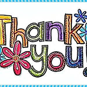 a colorful and artistic representation of the word "Thank you!" surrounded by various flower-like shapes in different colors.