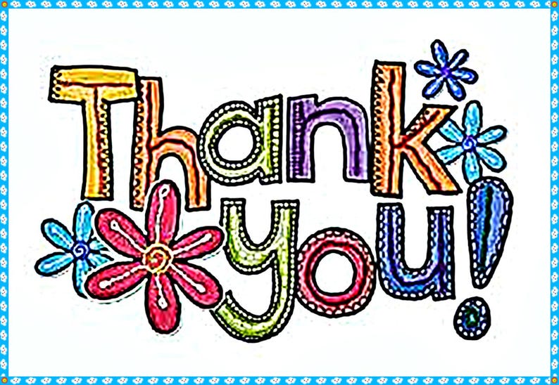 a colorful and artistic representation of the word "Thank you!" surrounded by various flower-like shapes in different colors.