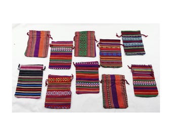 Lot of 15 Cotton Drawstring Gift Bags 4" x 5-1/2" ~ Mix of Colorful Patterns ~ Jewelry Pouch ~ Party Favors ~ Ethnic Hippie Mix