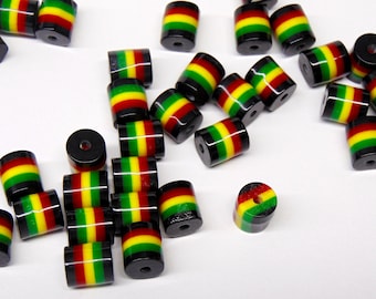 RASTA Beads 9mm x 8mm Green~Red~Black~Yellow Striped Barrel Tube Resin Bubblegum 50 ~ 100 ~ 200 ~ 500