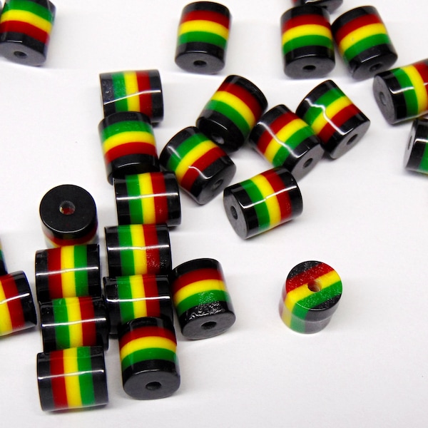 RASTA Beads 9mm x 8mm Green~Red~Black~Yellow Striped Barrel Tube Resin Bubblegum 50 ~ 100 ~ 200 ~ 500