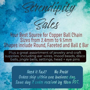 The image is a promotional poster for a sale of copper ball chain jewelry and craft supplies. It features a blue and green watercolor background with text and images providing details about the sale, including the types of products available and the shipping options.