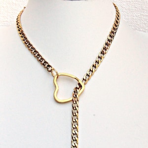 Gold Slip Chain with Heart Loop ~ Sturdy Stainless Steel Curb Chain ~ Edgy Fun  Jewelry ~ Smooth Chain ~ Shiny Heart with Free Gift Bag